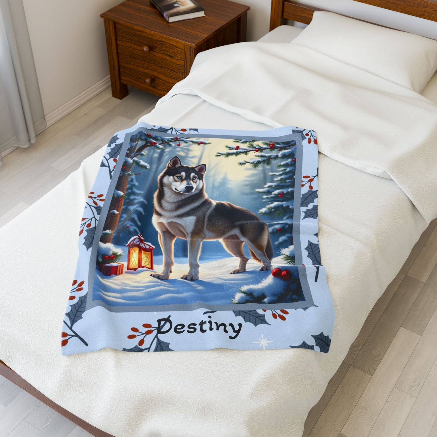 Husky Wolf Grey personalized winter throw featuring a wolf-grey Husky in a cozy illustrated lodge scene