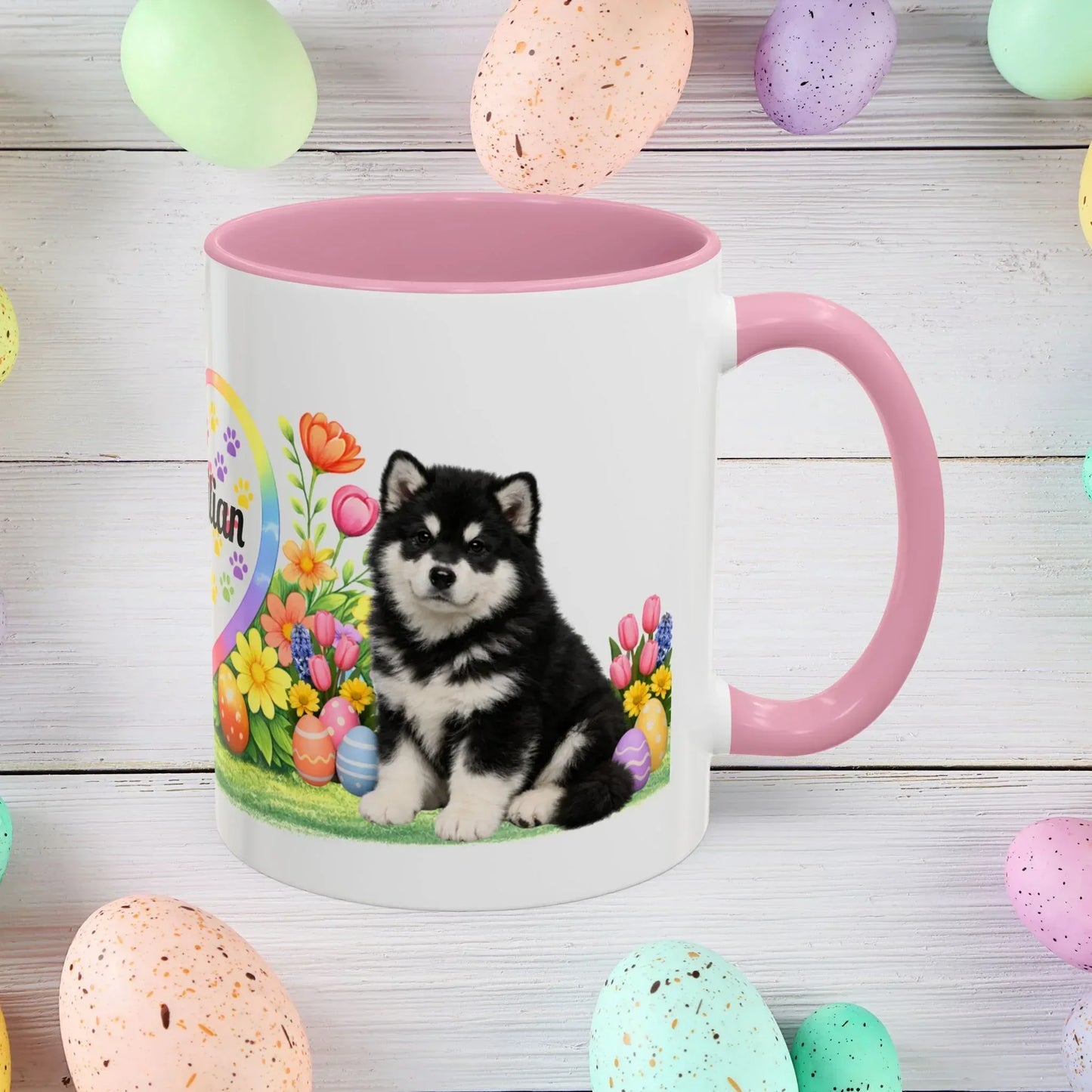 Shop our alaskan malamute black white puppy easter mug featuring the 11oz style option from MySisterIsASurvivor.