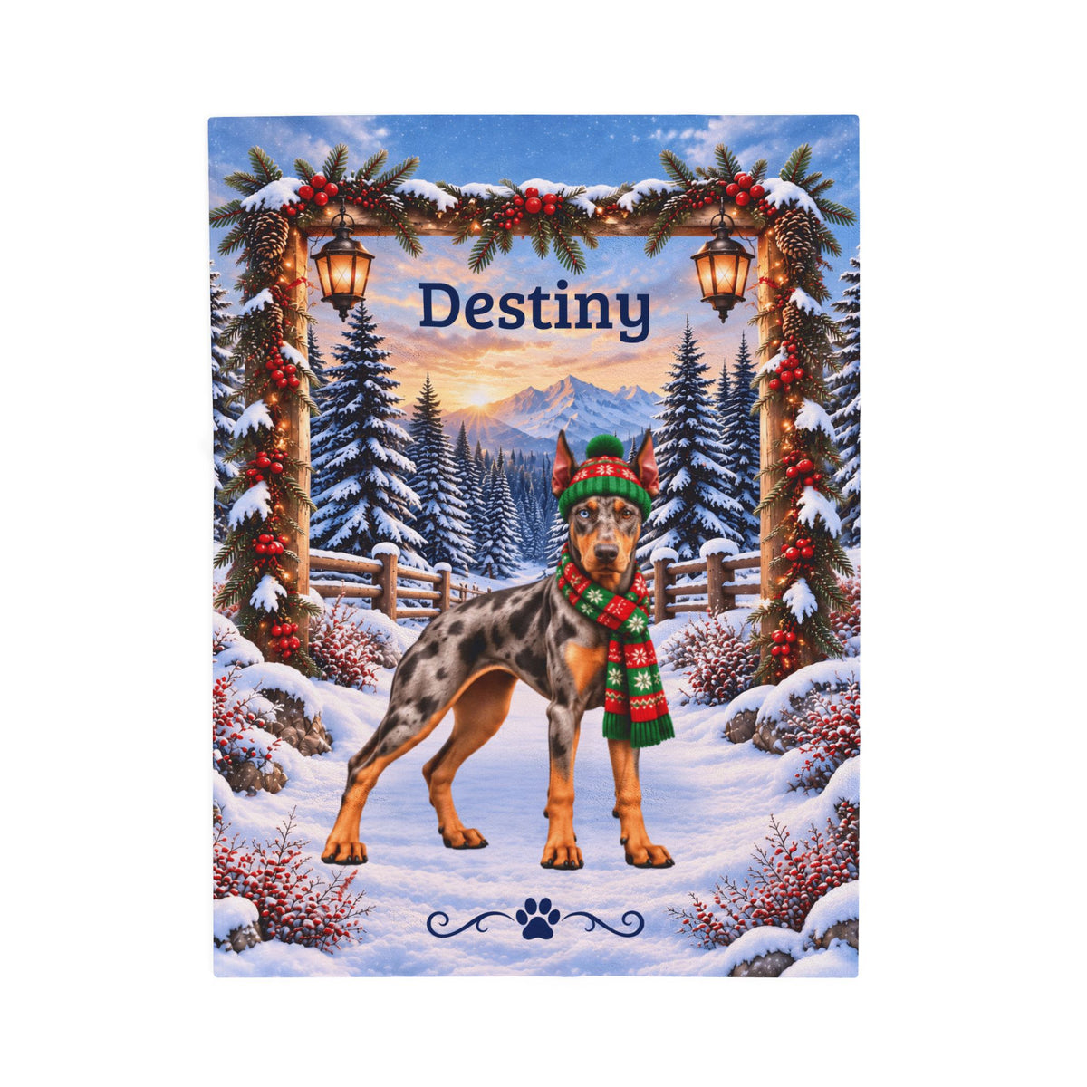 Doberman (Merle Coat) - Personalized Winter Blanket, Lantern-Lit Woodland Velveteen Throw
