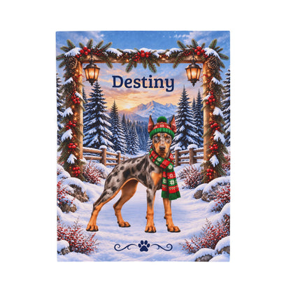 Doberman (Merle Coat) - Personalized Winter Blanket, Lantern-Lit Woodland Velveteen Throw