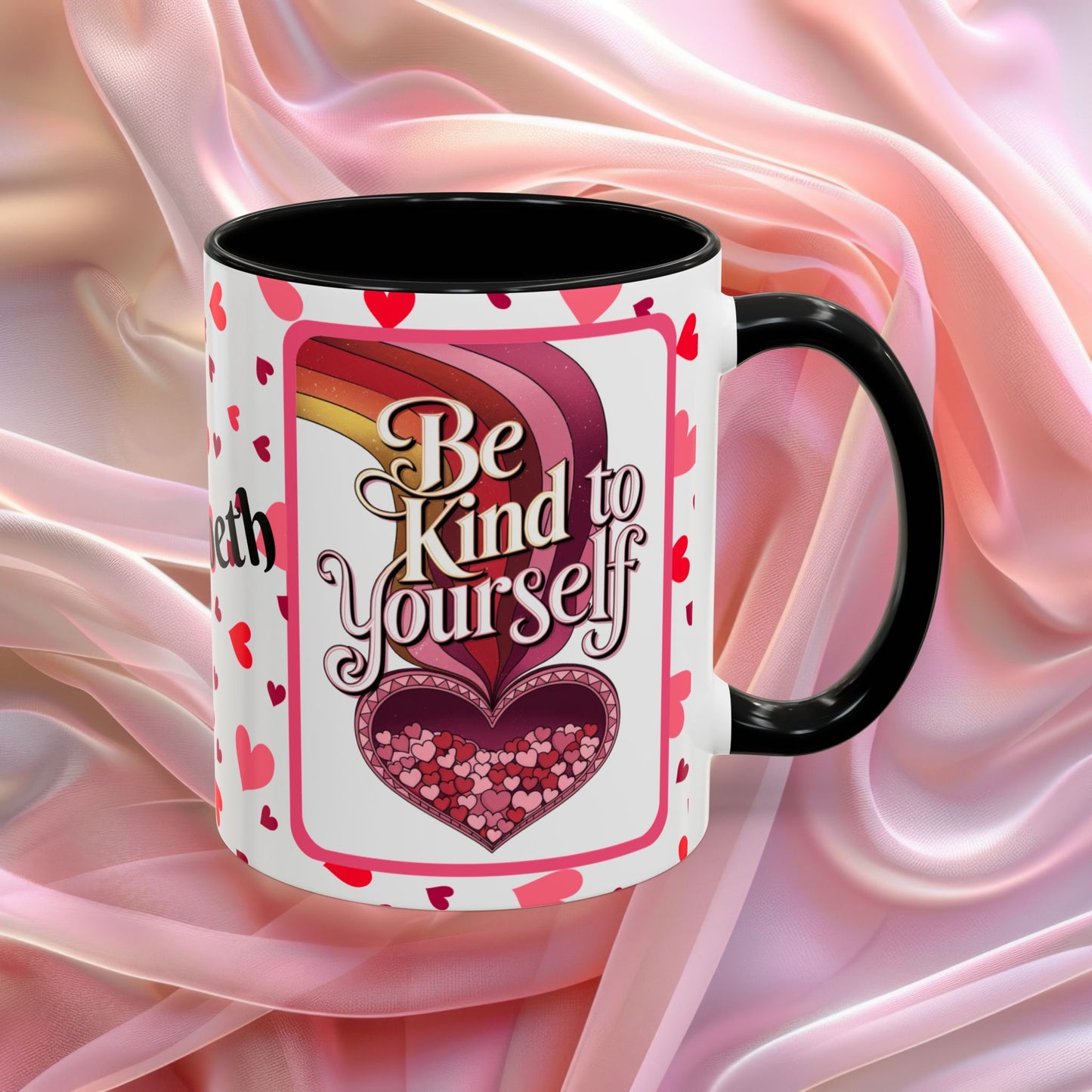Be Kind To Yourself Valentines mug with self care message, red and pink Valentine design, affirmation coffee cup