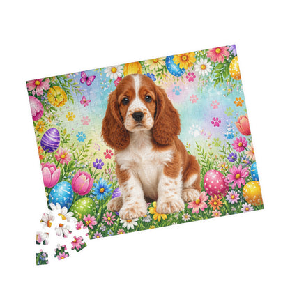 American Cocker Spaniel (Red & White) Easter Puppy Puzzle - Spring Garden with Eggs, Tulips, and Daisies