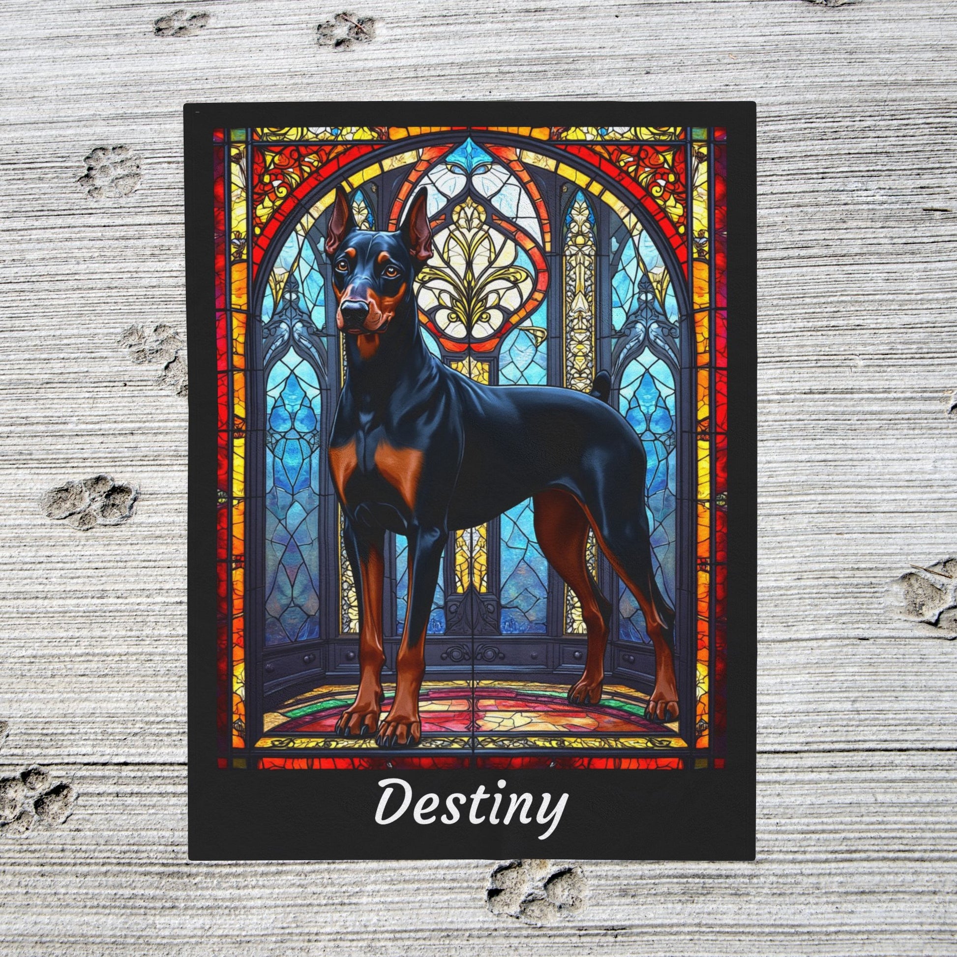 Doberman black and rust velveteen blanket, stained glass dog throw, personalized pet lover gift - MySisterIsASurvivor