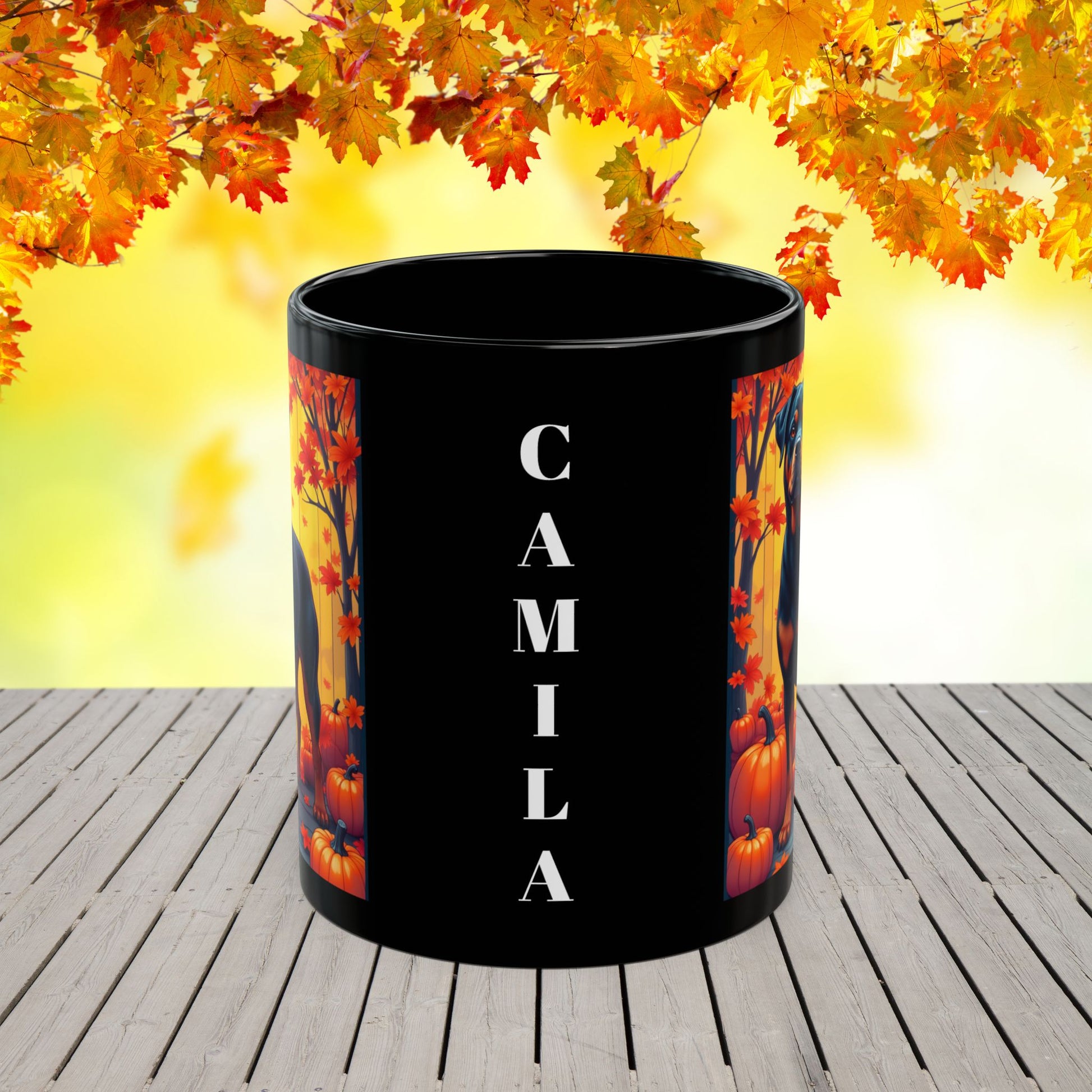 Black and mahogany Rottweiler dog in autumn leaves on a custom ceramic coffee mug.