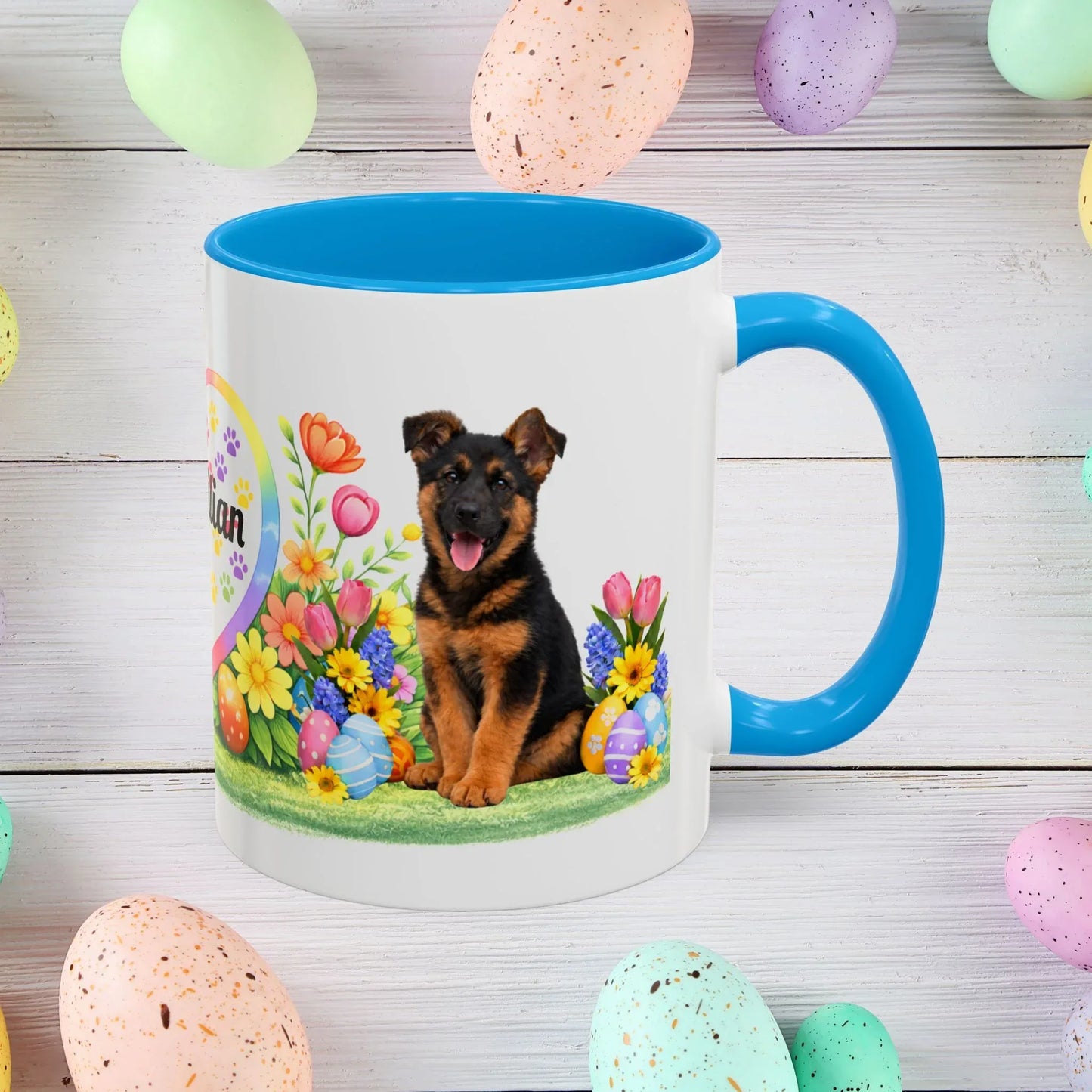 Shop our german shepherd black red puppy easter mug featuring the 11oz style option from MySisterIsASurvivor.