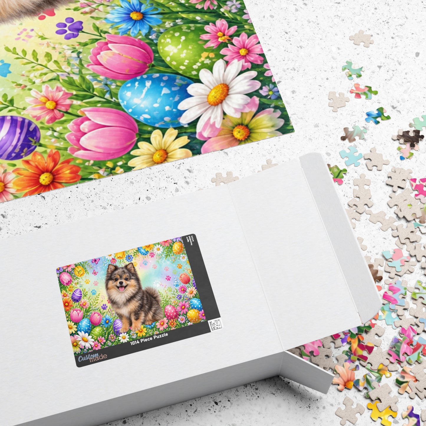 Pomeranian (Chocolate Merle) Easter Puppy Puzzle - Spring Garden with Eggs, Tulips, and Daisies