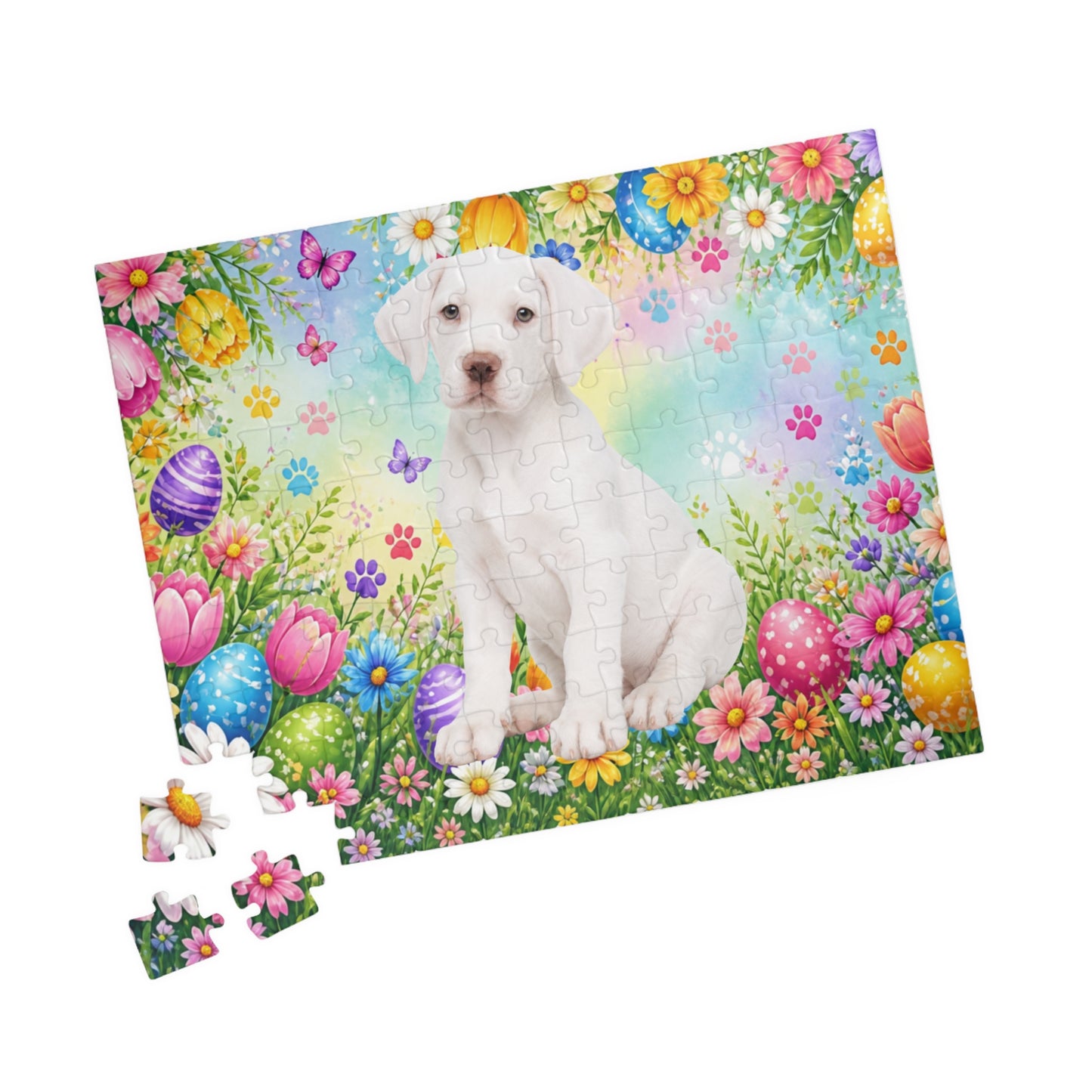 Great Dane (White) Easter Puppy Puzzle - Spring Garden with Eggs, Tulips, and Daisies