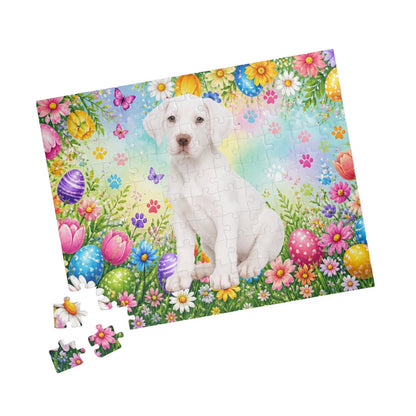 Great Dane (White) Easter Puppy Puzzle - Spring Garden with Eggs, Tulips, and Daisies