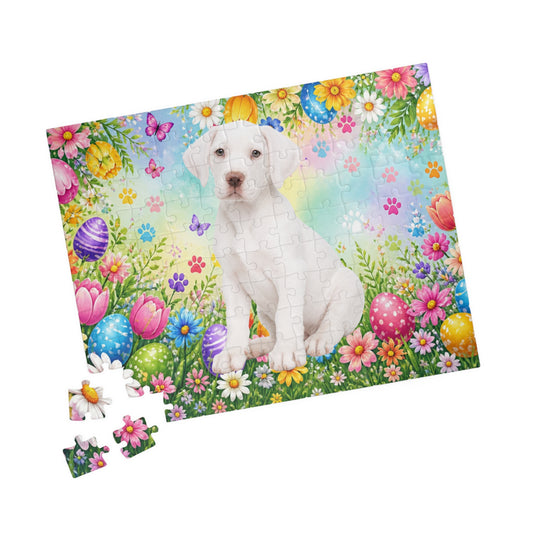 Great Dane (White) Easter Puppy Puzzle - Spring Garden with Eggs, Tulips, and Daisies