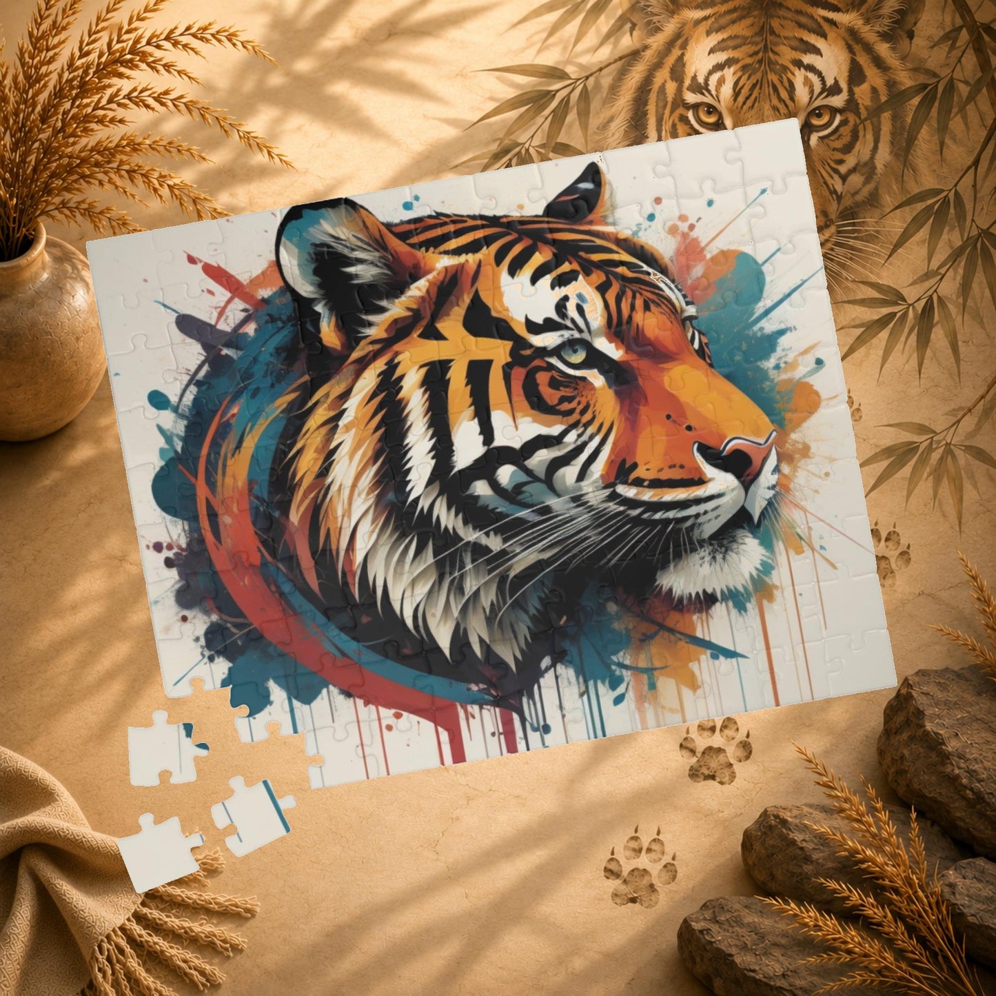 Focused Journey - Street Art Tiger Jigsaw Puzzle with Paint Splatters and Drip Effects