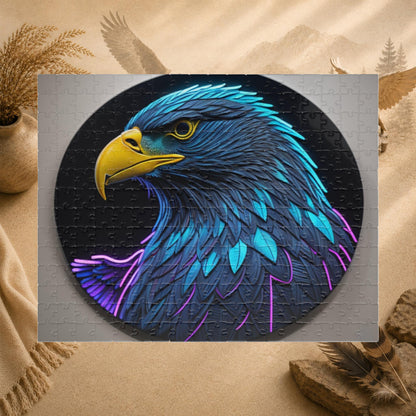 Eagle Vision Triumph - Neon Bald Eagle Portrait Puzzle with Teal and Purple Feathers on Dark Background