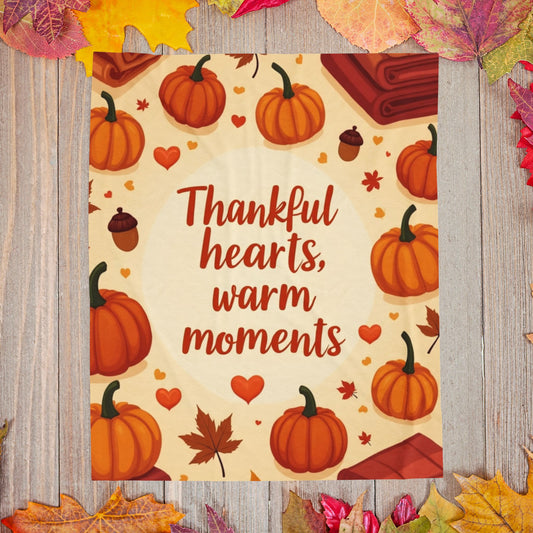 Thanksgiving blanket reading “Thankful Hearts, Warm Moments,” cozy autumn gratitude design.