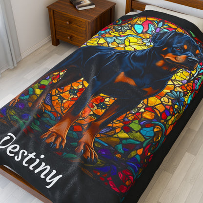 Rottweiler Black & Rust Coat Blanket, Velveteen Plush Stained Glass Dog Throw, Custom Pet Lover Gift
