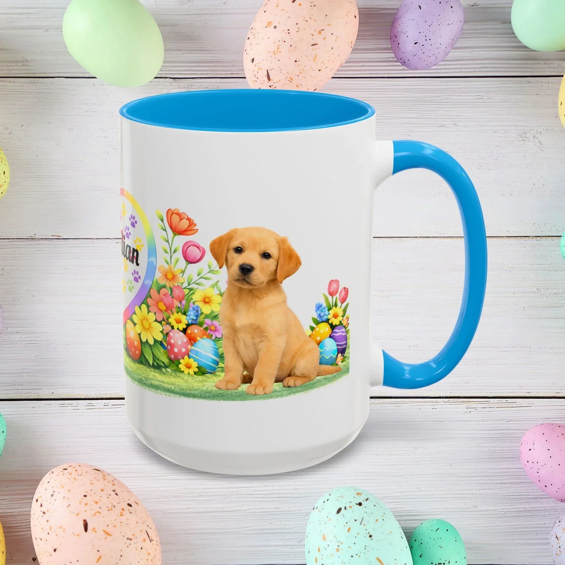 Shop our labrador retriever yellow golden puppy easter mug featuring the 15oz style option from MySisterIsASurvivor.