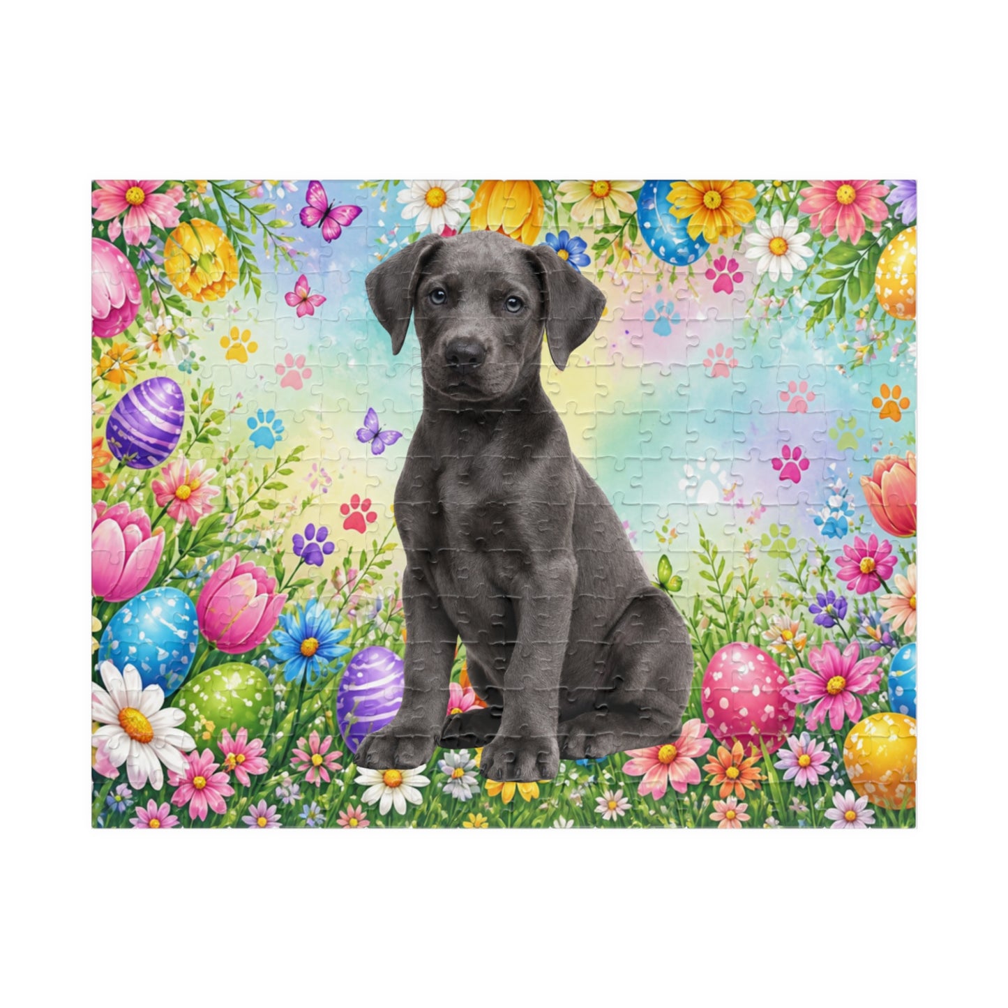 Doberman (Blue) Easter Puppy Puzzle - Colorful Spring Garden with Eggs and Blooms