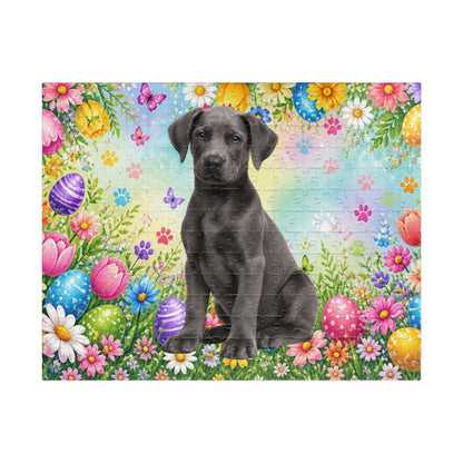 Doberman (Blue) Easter Puppy Puzzle - Colorful Spring Garden with Eggs and Blooms