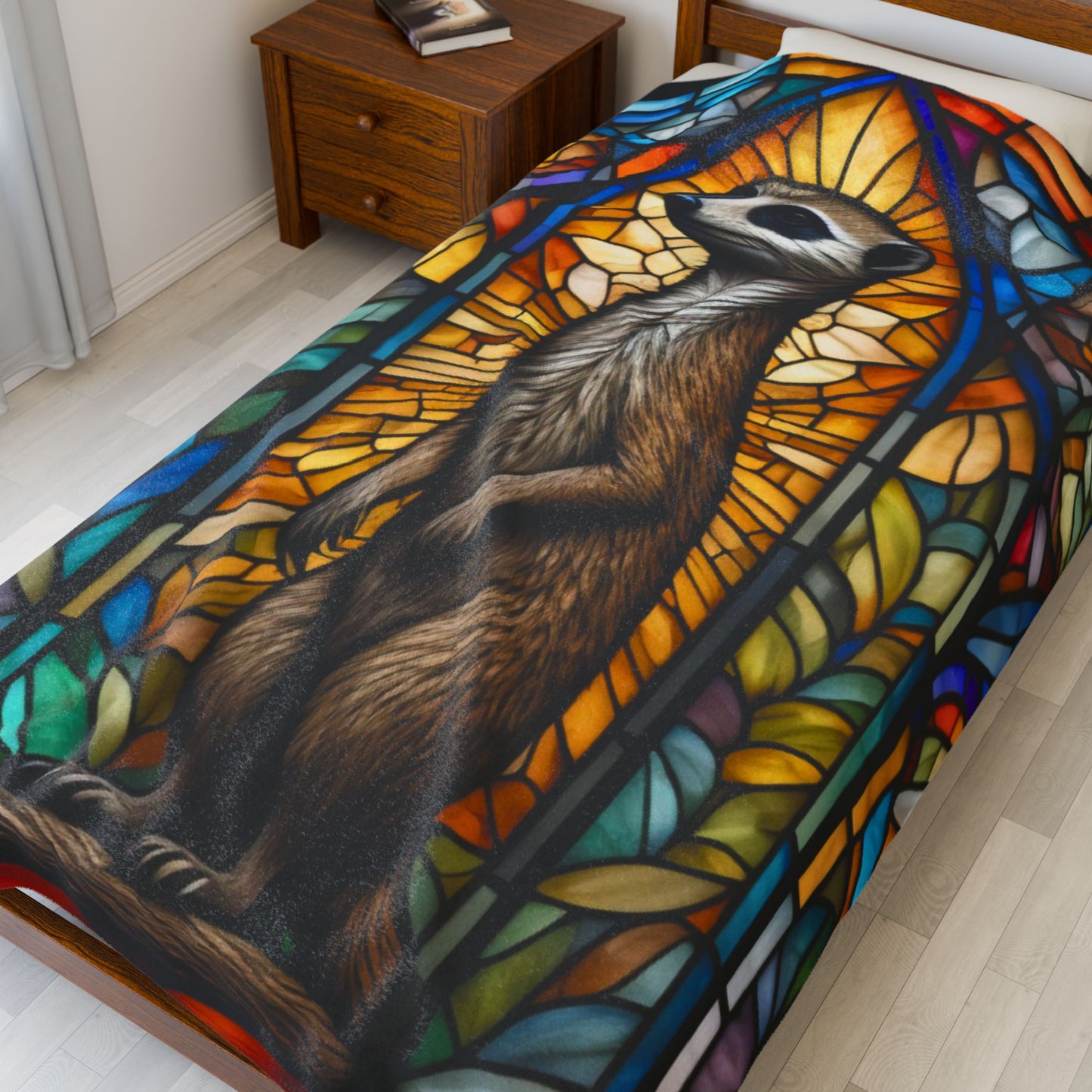 A playful meerkat blanket featuring stained glass-inspired art and cozy plush warmth.