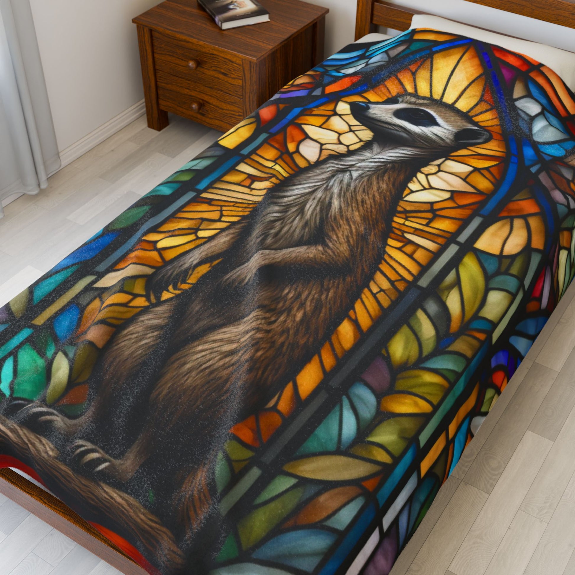 A playful meerkat blanket featuring stained glass-inspired art and cozy plush warmth.