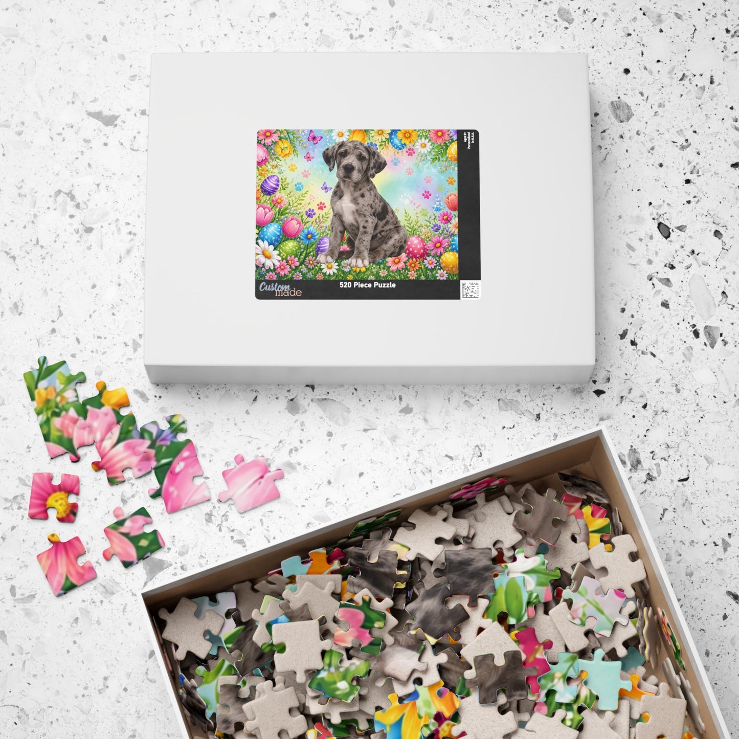 Great Dane (Merle) Easter Puppy Puzzle - Spring Garden with Eggs, Tulips, and Daisies