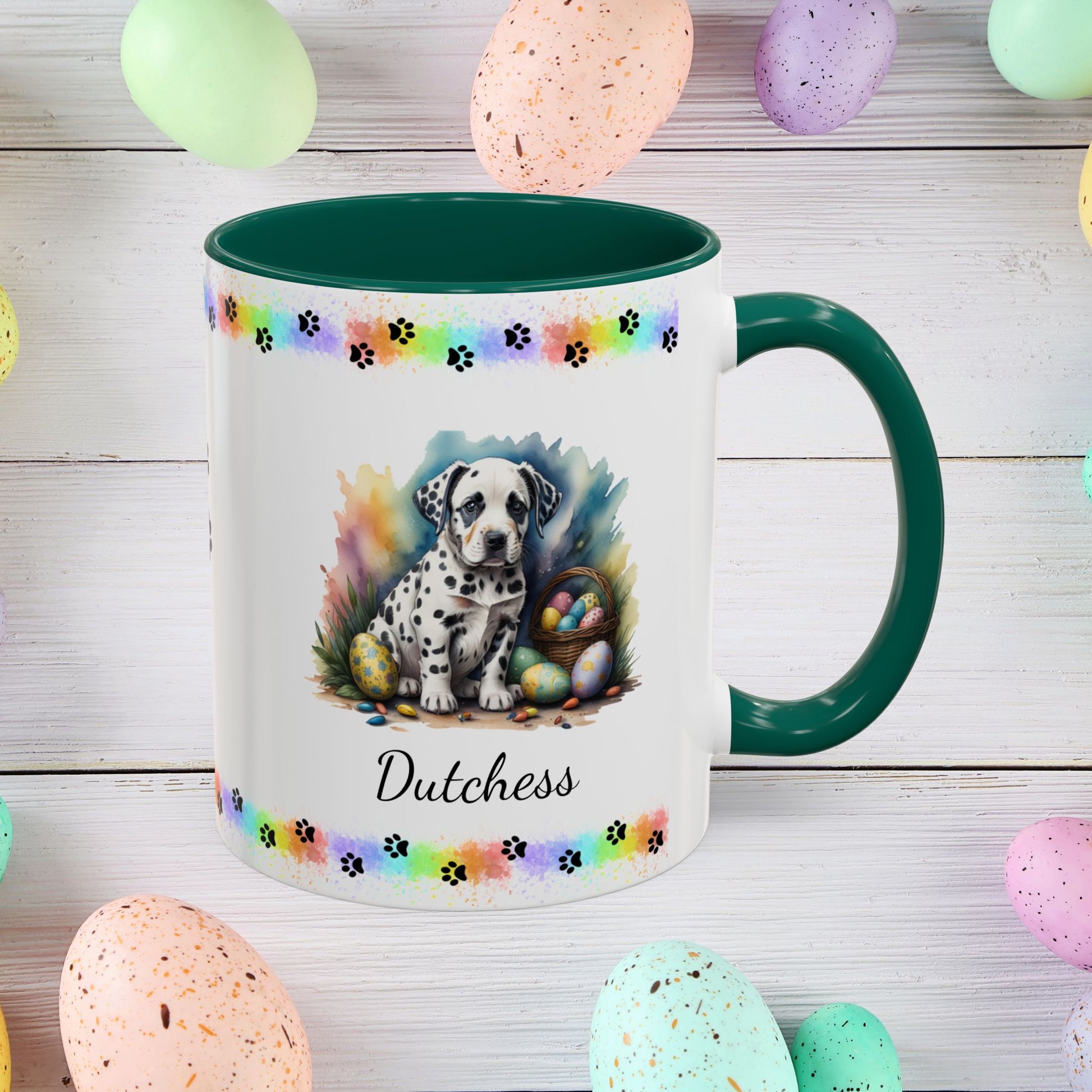 Dalmatian: Personalized Easter Puppy Coffee Mug - Adorable Dog Design, Mental Health Gift, 11oz & 15oz, 12 Color Choices, Easter Gifts & Décor