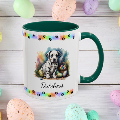 Dalmatian: Personalized Easter Puppy Coffee Mug - Adorable Dog Design, Mental Health Gift, 11oz & 15oz, 12 Color Choices, Easter Gifts & Décor