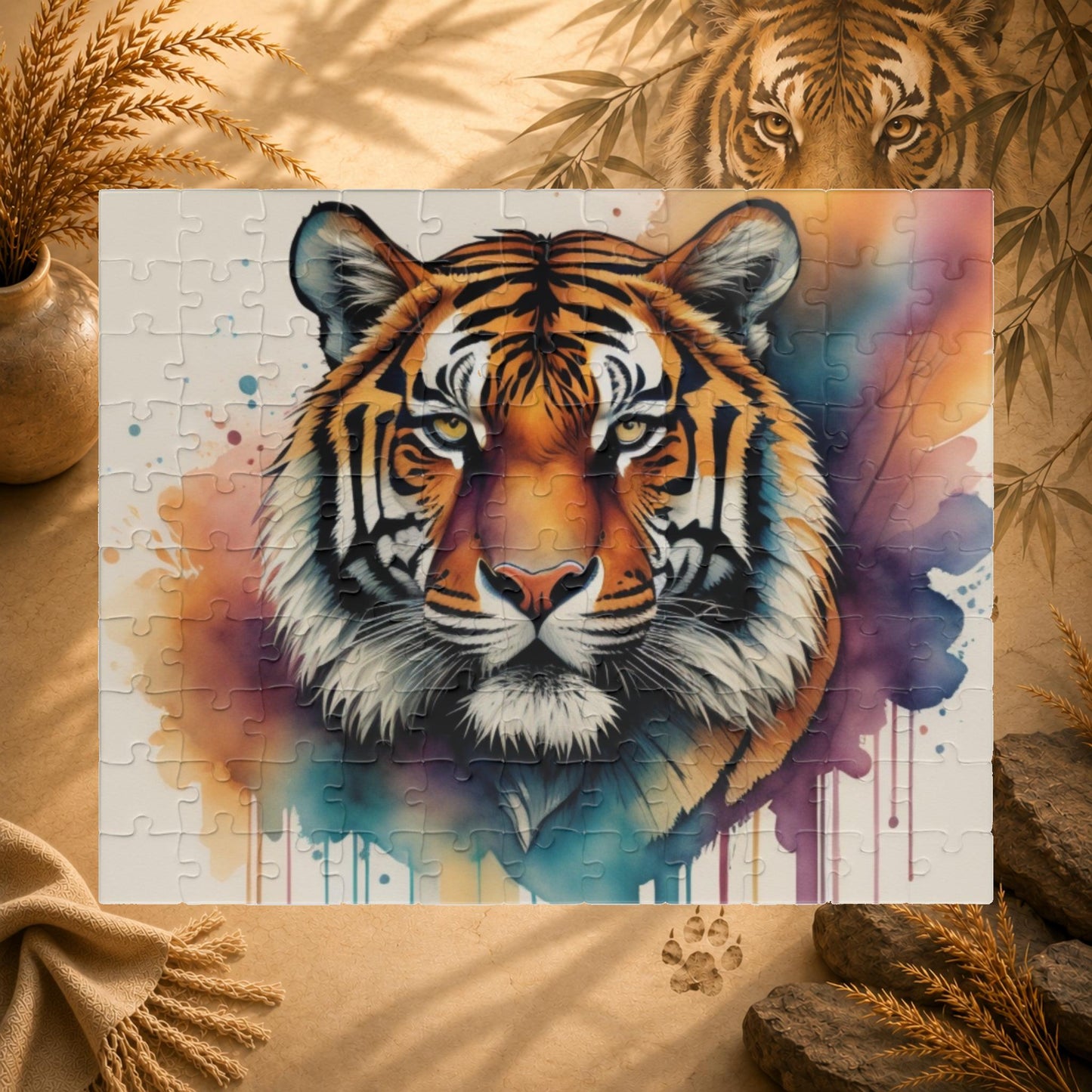 Jigsaw puzzle with a tiger design on a colorful background