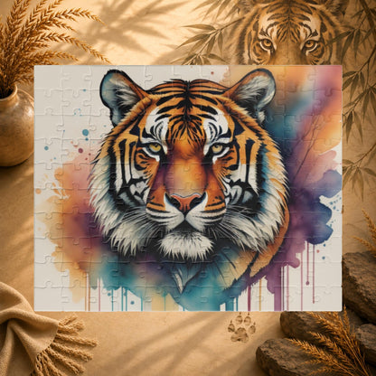 Jigsaw puzzle with a tiger design on a colorful background
