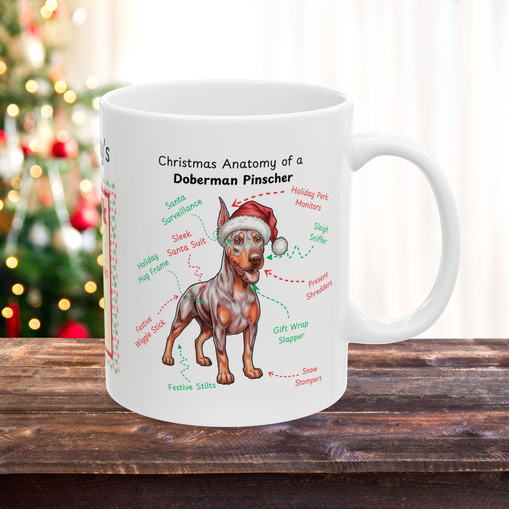 Doberman (Fawn/Isabella) Christmas Mug - custom dog anatomy coffee cup, fun holiday gift for Doberman lovers