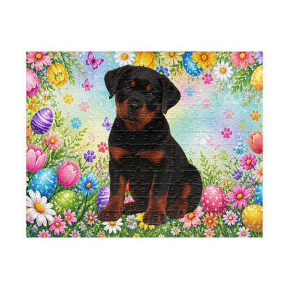 Rottweiler (Black & Mahogany) Easter Puppy Puzzle - Spring Garden with Eggs and Wildflowers