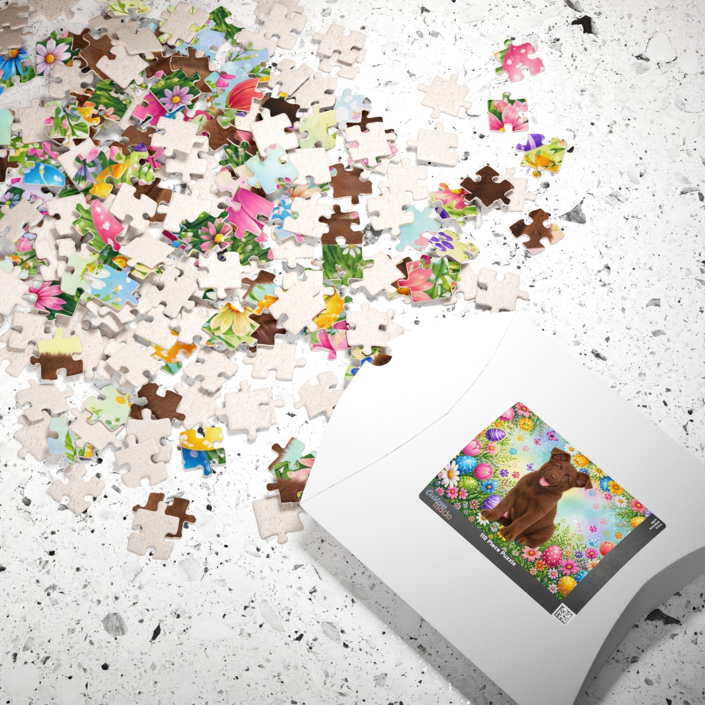 German Shepherd (Solid Liver) Easter Puppy Puzzle - Spring Garden with Eggs, Tulips, and Daisies