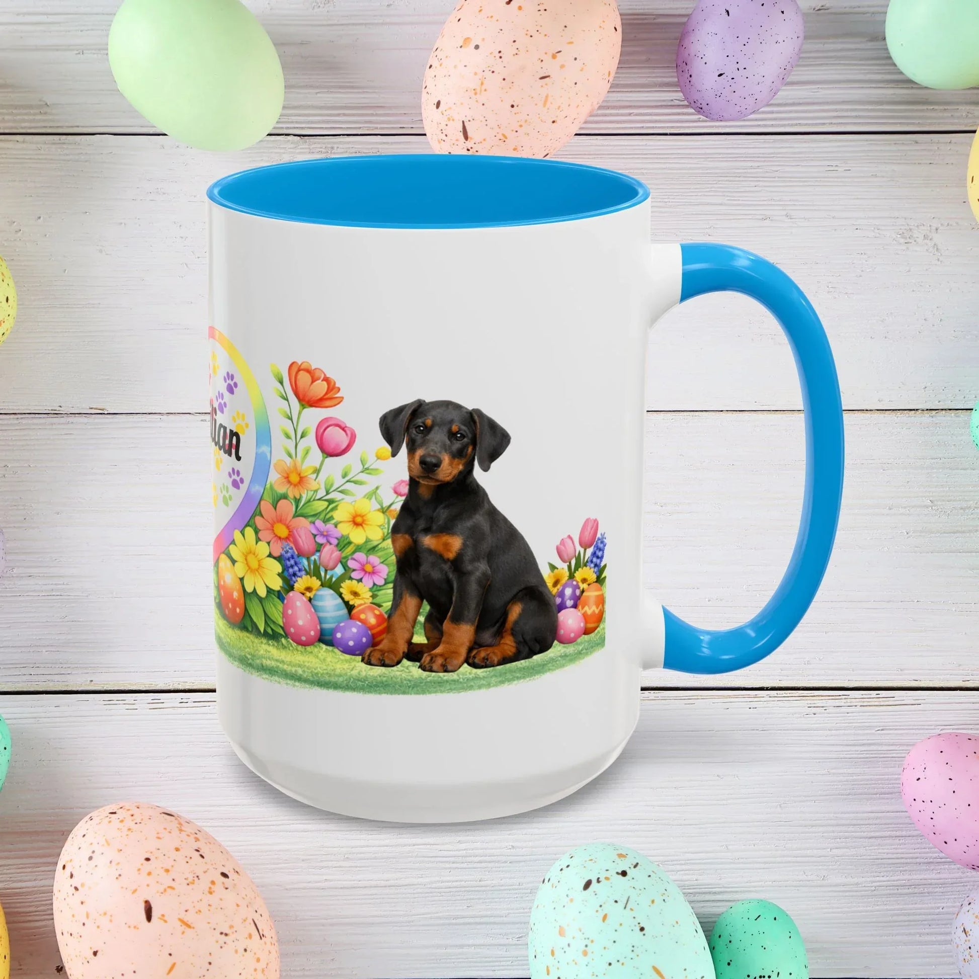 Shop our doberman blue rust puppy easter mug featuring the 15oz style option from MySisterIsASurvivor.