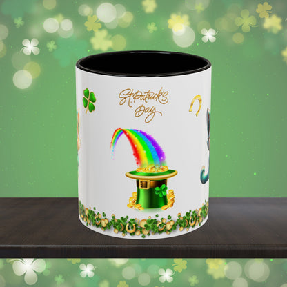 Serene Shamrock Kitty: St. Patrick's Day Two-Tone Coffee Mug - Festive Ceramic Mug for Positivity & Mindfulness