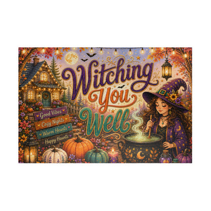 Witching You Well Halloween Puzzle - Witch Stirring Cauldron with Pumpkins, Full Moon, and Cottage
