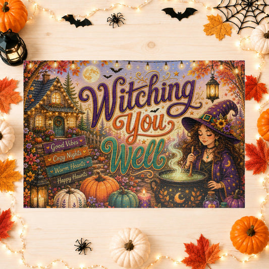Witching You Well Halloween puzzle featuring witch stirring cauldron, pumpkins, moon, and cottage