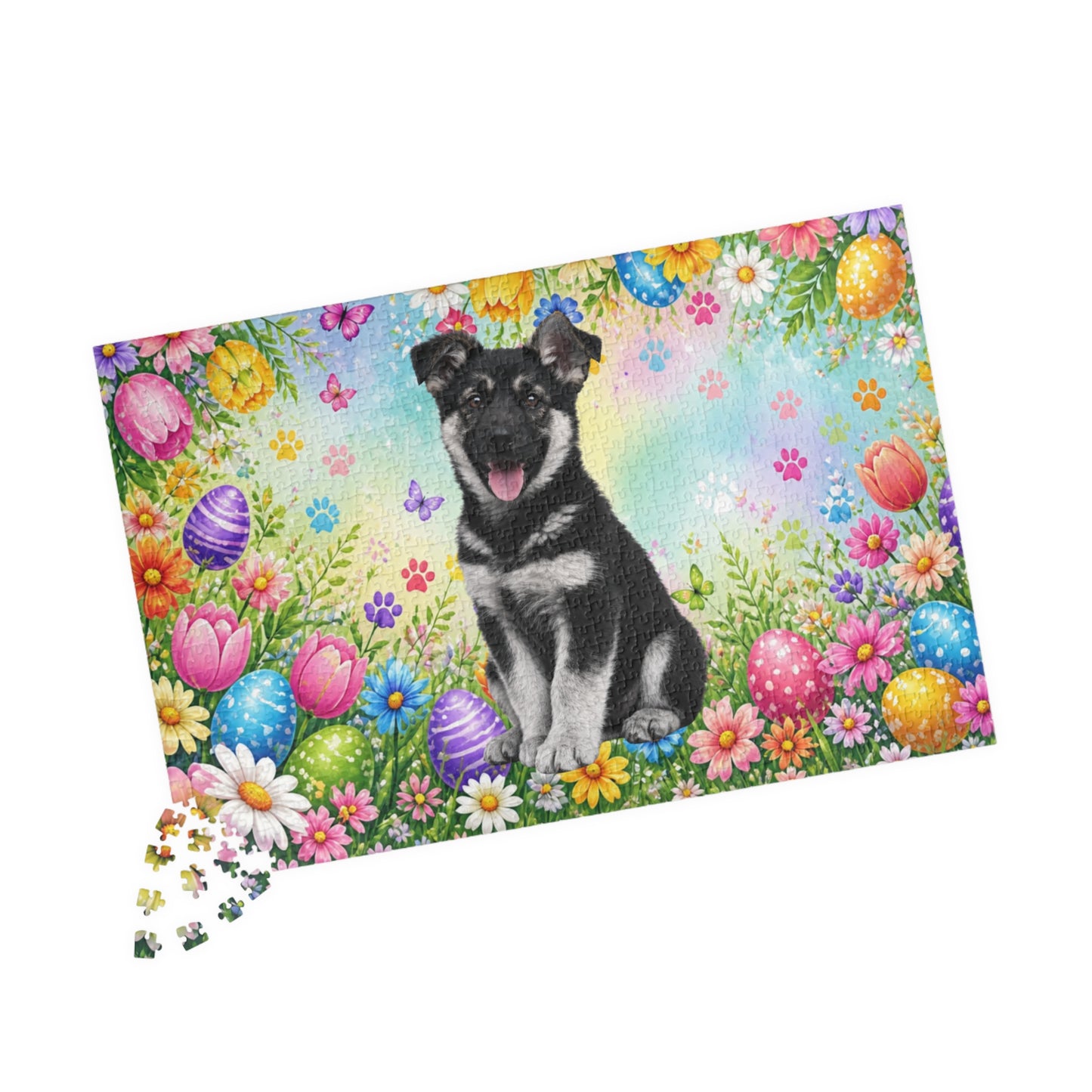 German Shepherd (Black & Silver) Easter Puppy Puzzle - Flowers, Eggs, and Spring Fun