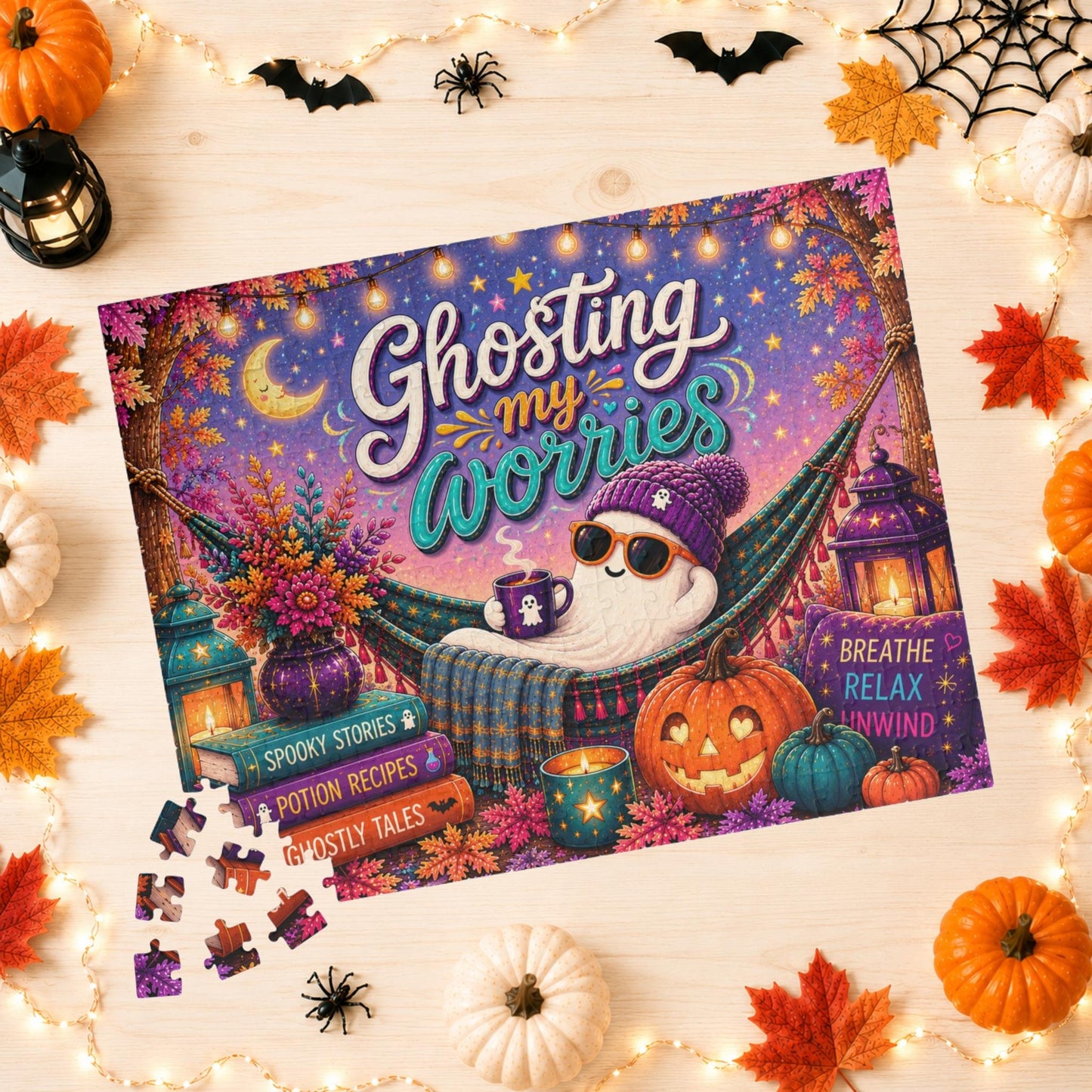 Ghosting My Worries Halloween Puzzle - Unbothered Ghost in Hammock with Breathe Relax Unwind Pillow