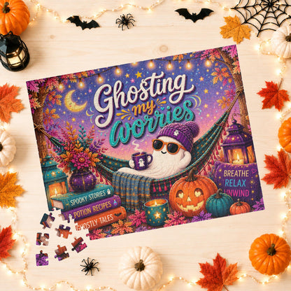 Ghosting My Worries Halloween Puzzle - Unbothered Ghost in Hammock with Breathe Relax Unwind Pillow