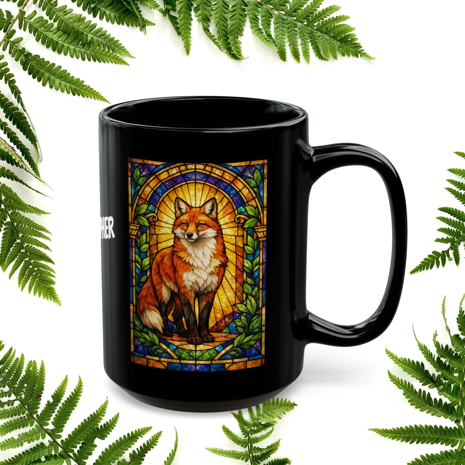 Shop our premium fox stained glass style black mug from MySisterIsASurvivor.