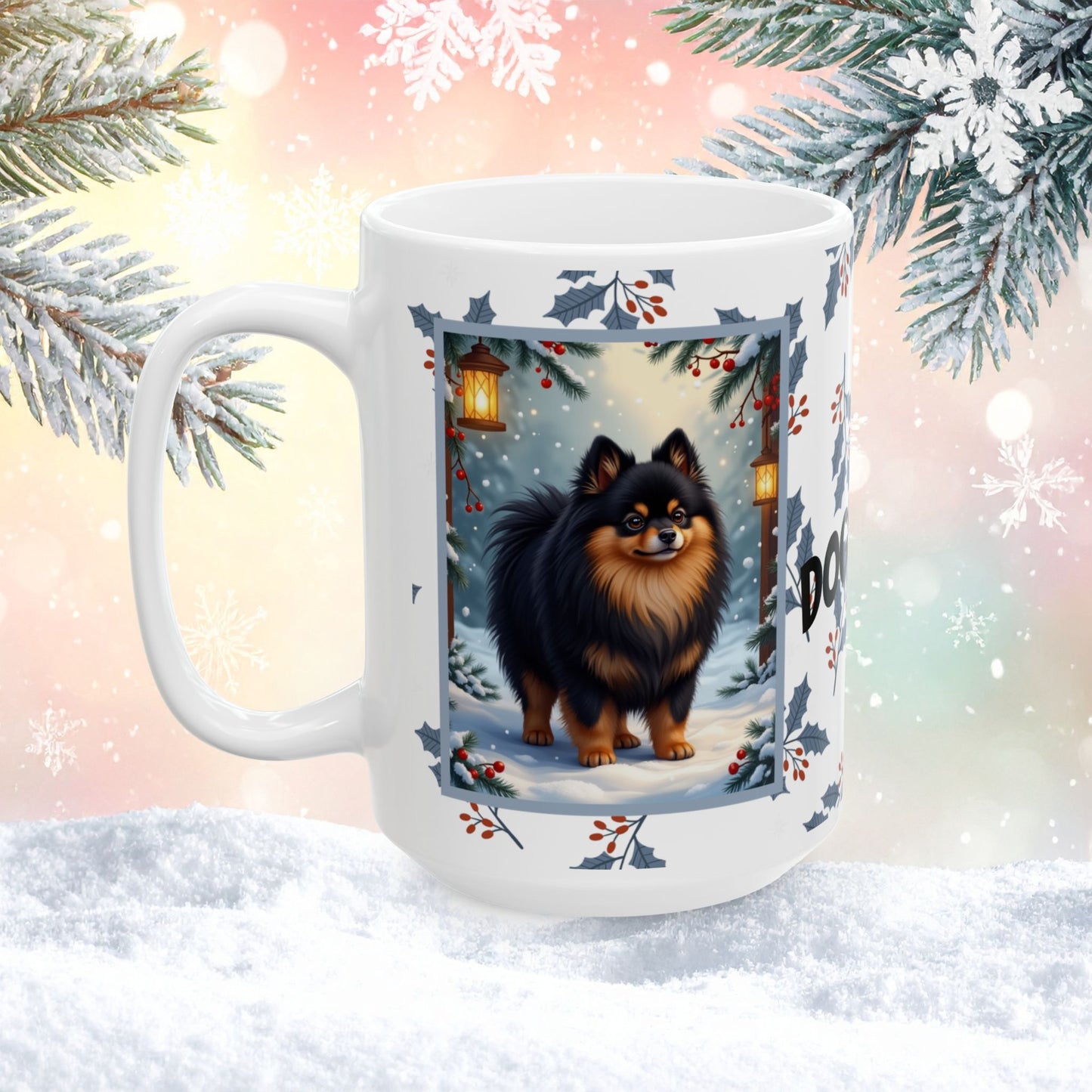 Pomeranian (Black & Tan) Winter Mug - black and tan pomeranian illustrated standing in a winter scene with snowy background