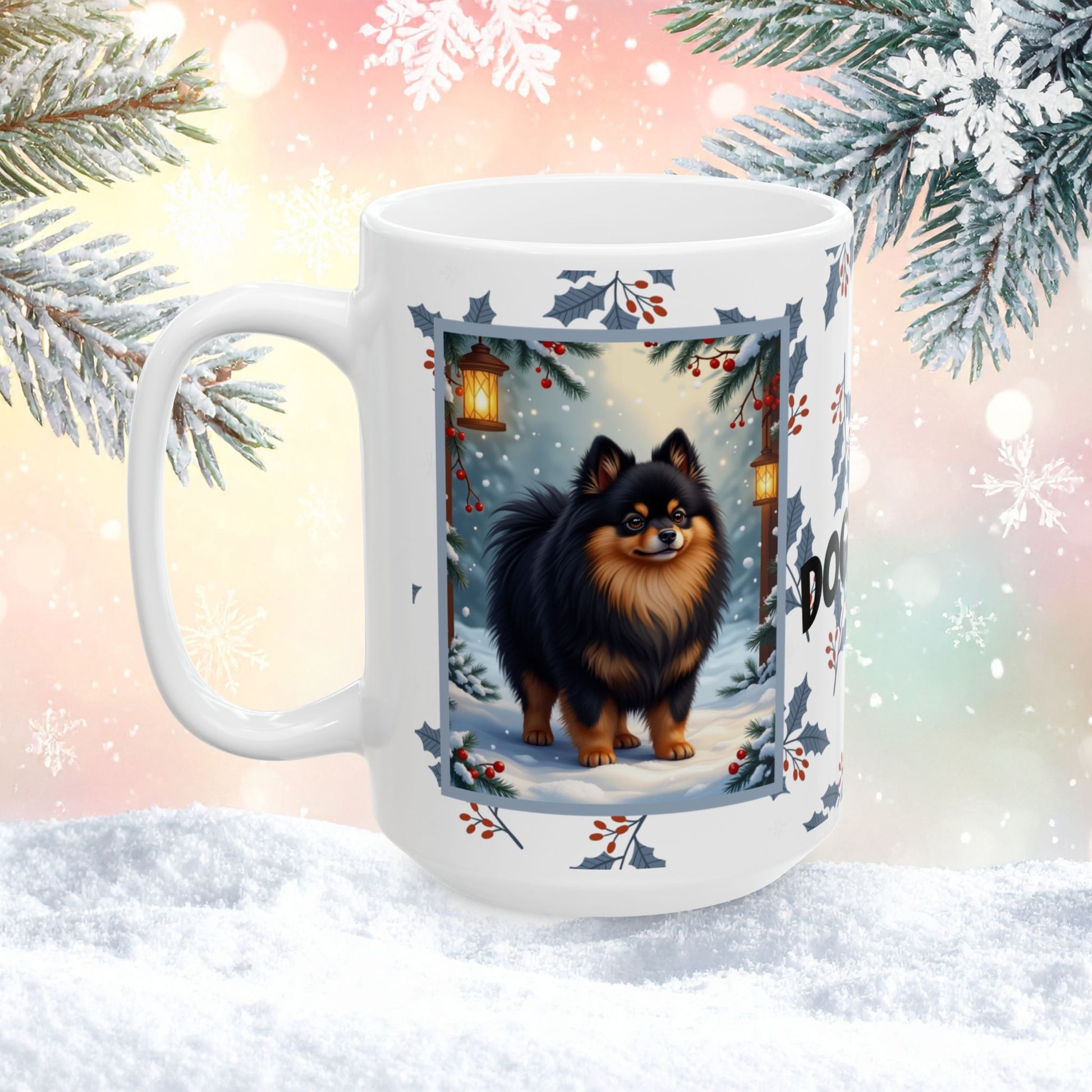Pomeranian (Black & Tan) Winter Mug - black and tan pomeranian illustrated standing in a winter scene with snowy background