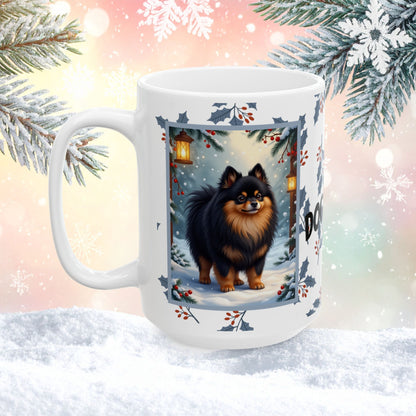 Pomeranian (Black & Tan) Winter Mug - black and tan pomeranian illustrated standing in a winter scene with snowy background
