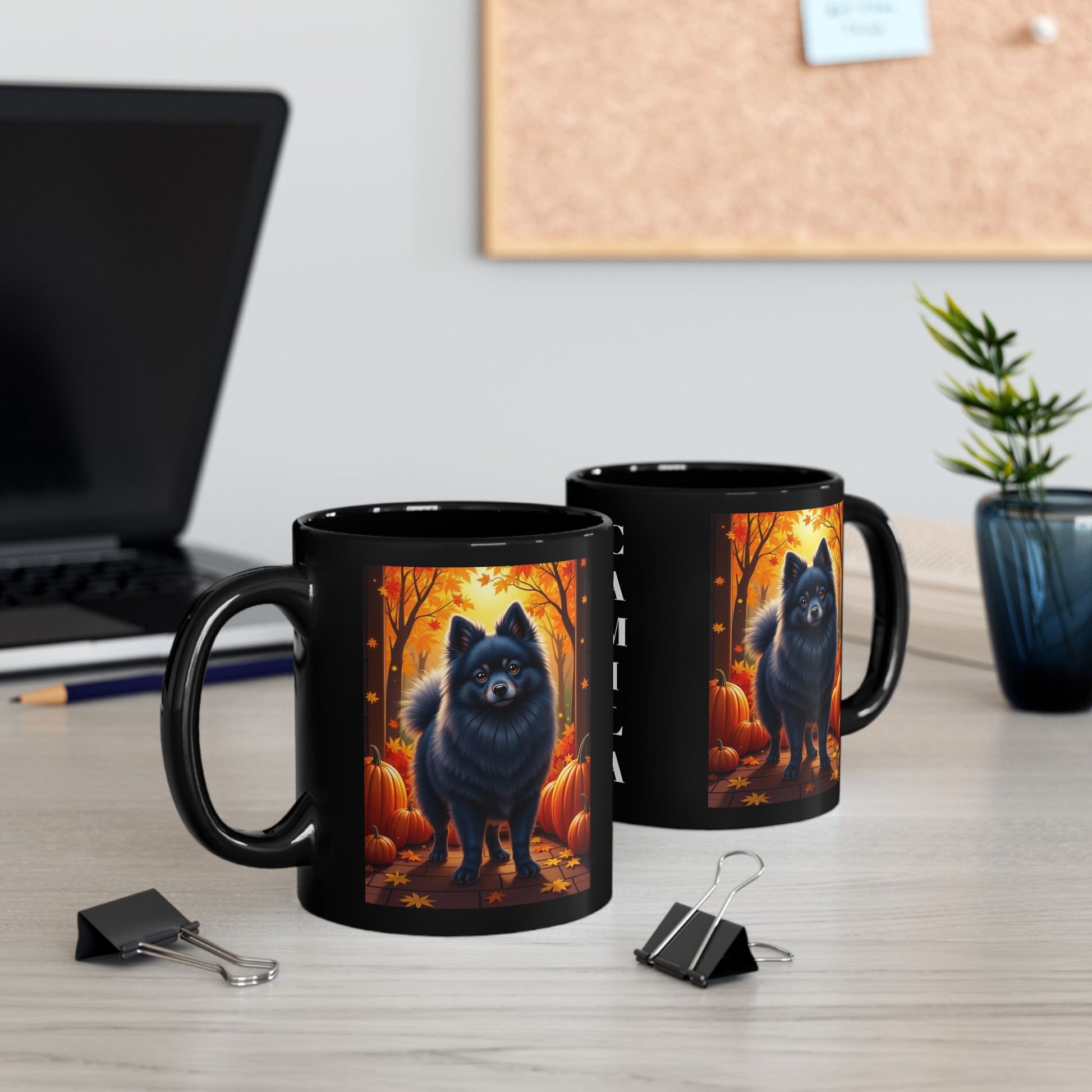 Blue Pomeranian custom autumn mug, personalized dog parent coffee cup for seasonal fall vibes