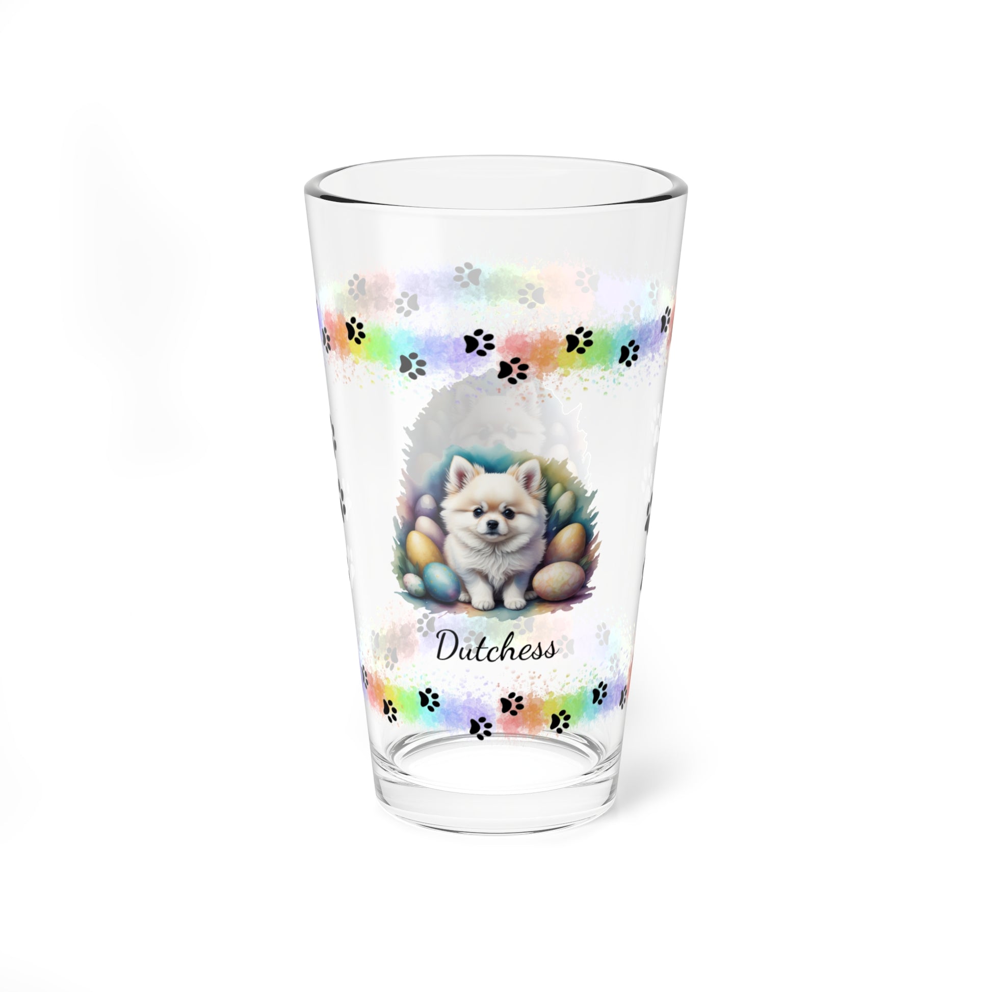 Pomeranian (White) Personalized Easter Puppy 16oz Pint Glass - Custom Dog Design, Mental Health Gift, Easter Décor, and Festive Celebrations