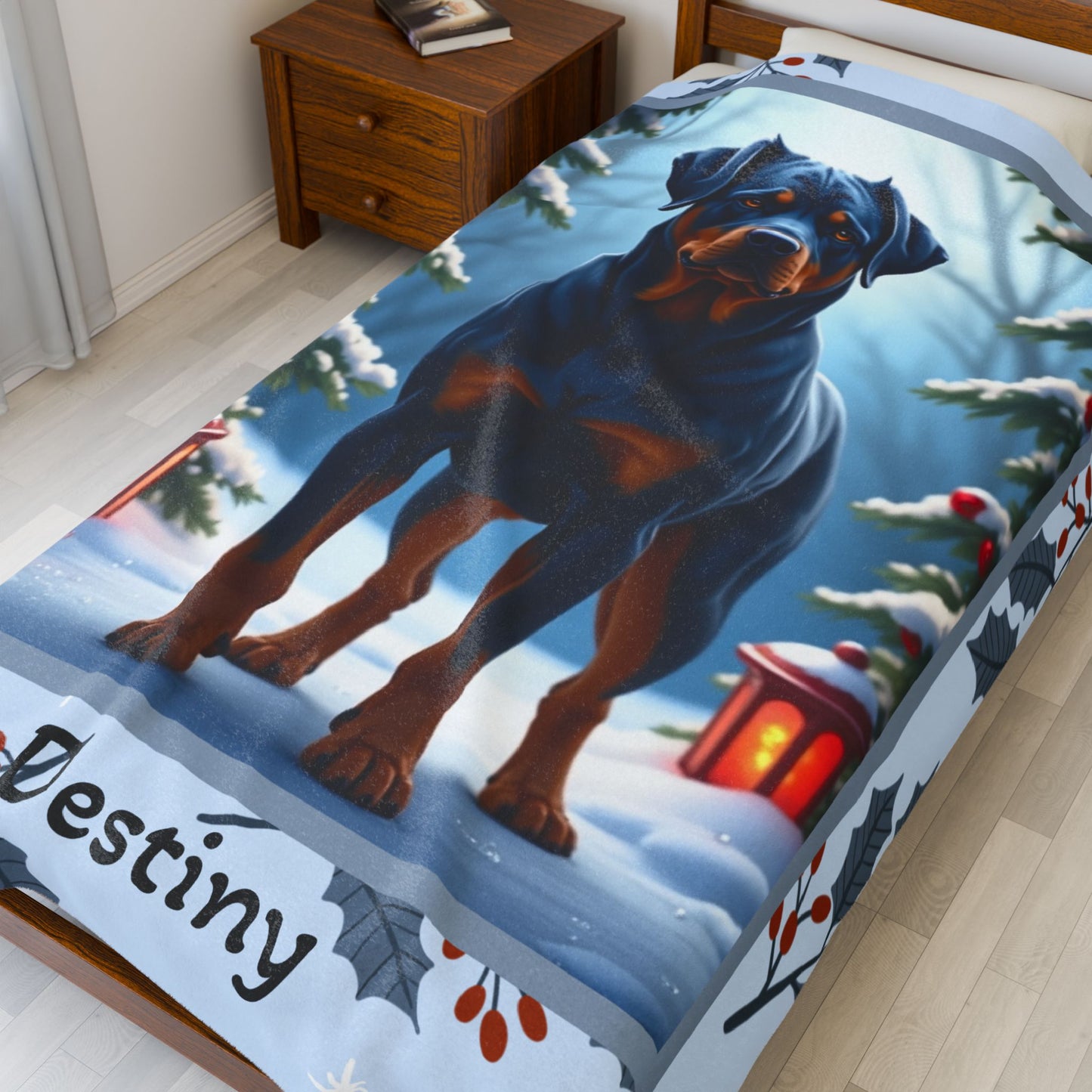 Rottweiler Blue custom winter blanket featuring a strong blue Rottweiler in a cozy lodge-style winter scene
