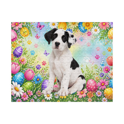 Great Dane (Piebald) Easter Puppy Puzzle - Spring Garden with Eggs, Tulips, and Daisies