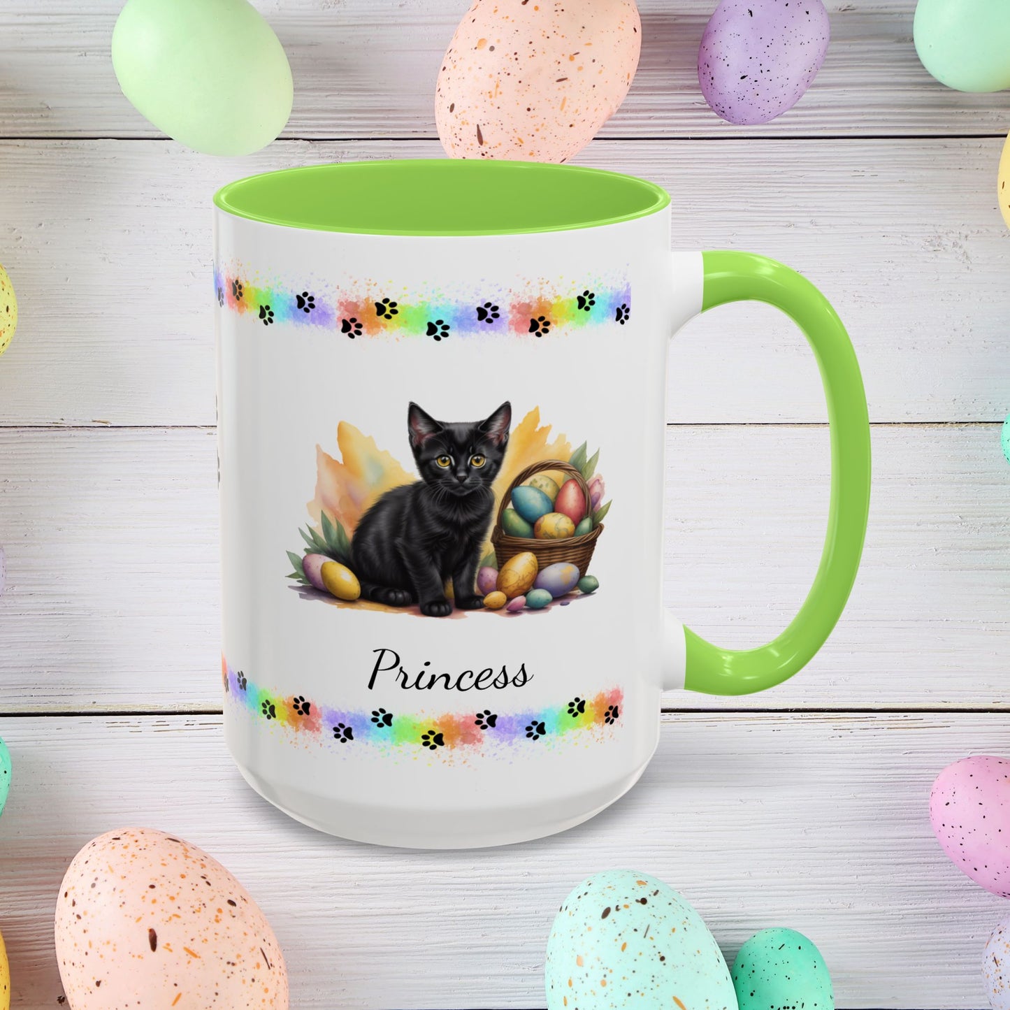Bombay: Personalized Easter Kitten Coffee Mug - Adorable Cat Design, Mental Health Gift, 11oz & 15oz, 12 Color Choices, Easter Gifts & Décor