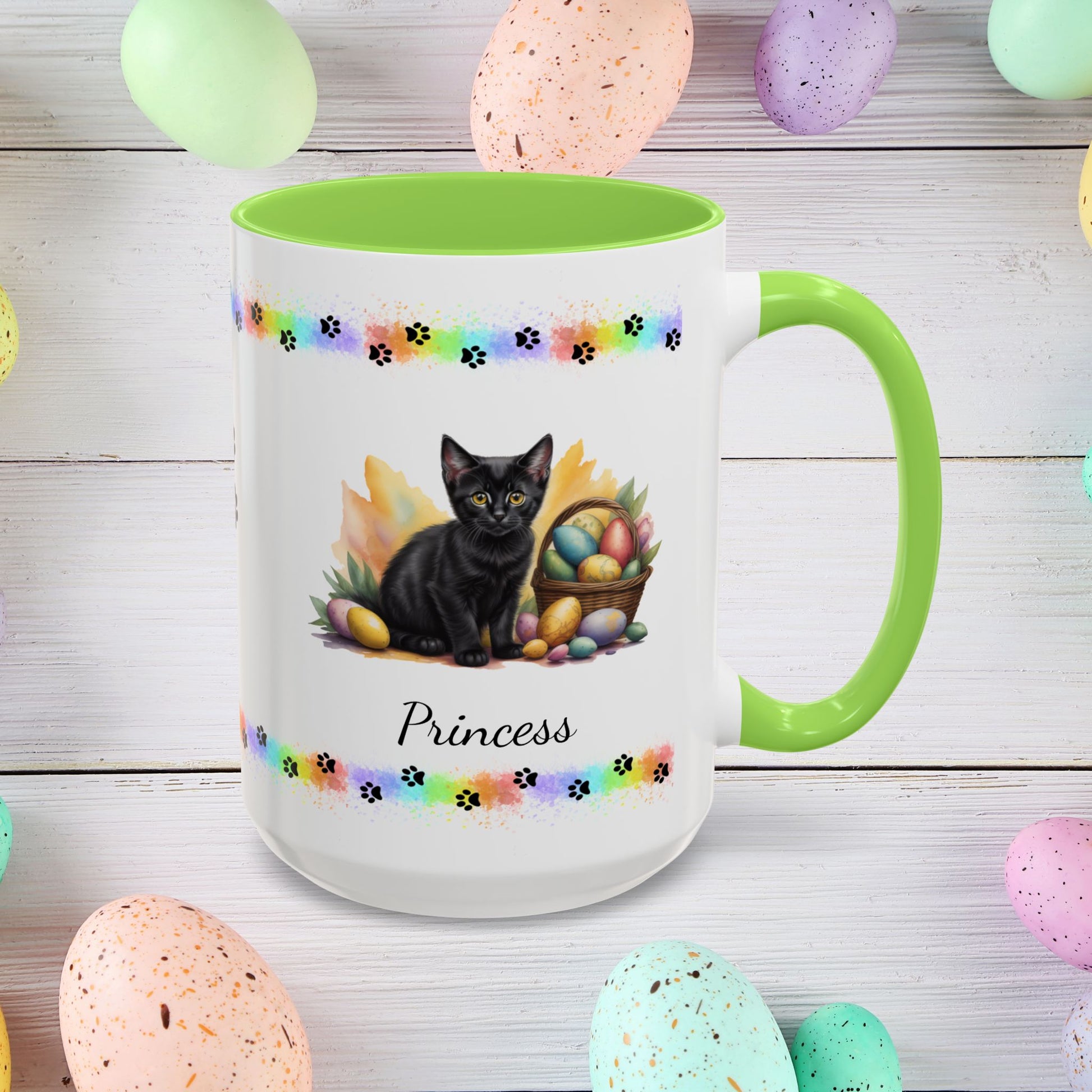 Bombay: Personalized Easter Kitten Coffee Mug - Adorable Cat Design, Mental Health Gift, 11oz & 15oz, 12 Color Choices, Easter Gifts & Décor