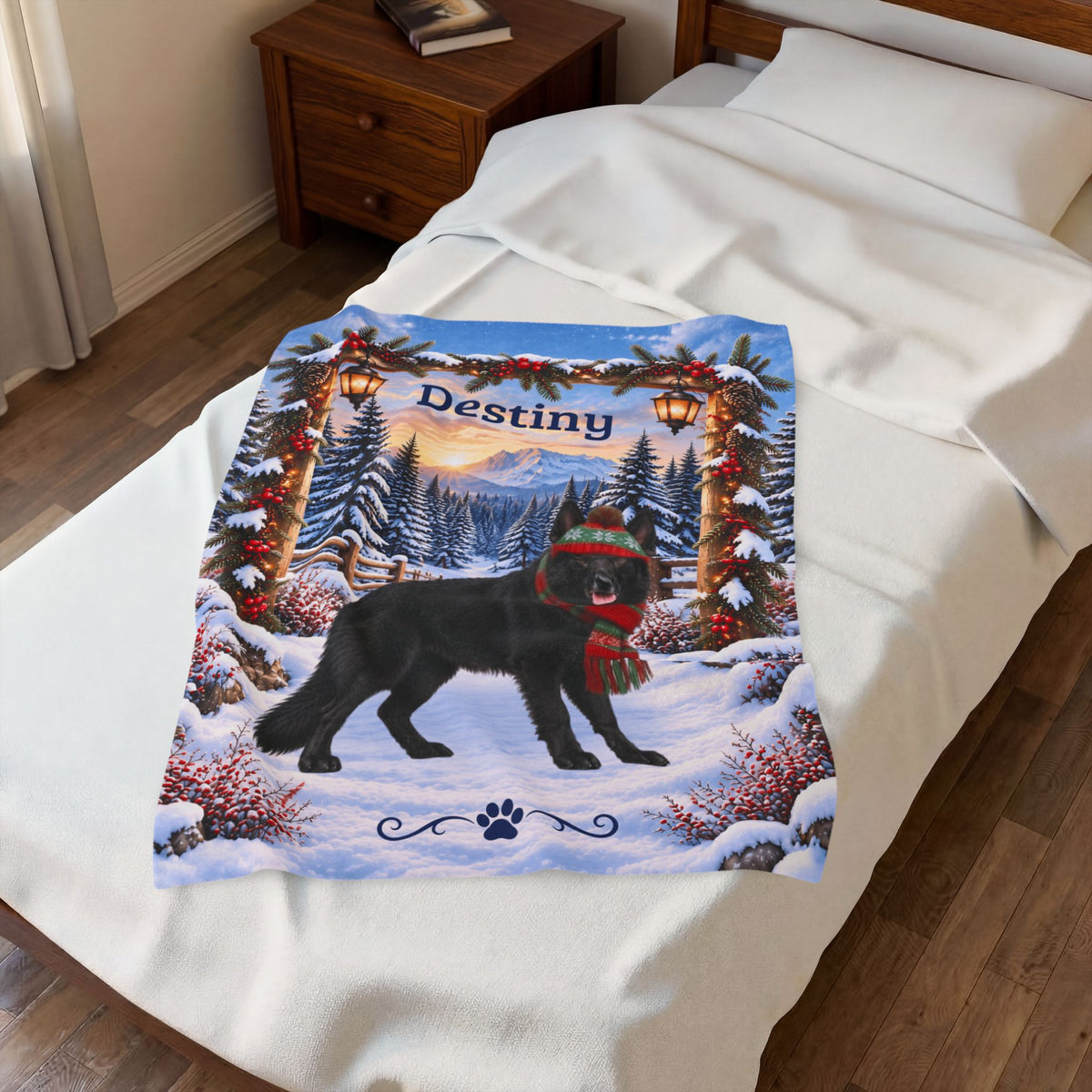 German Shepherd (Black Coat) - Personalized Winter Woodland Blanket, Custom Name Velveteen Throw - MySisterIsAsurvor