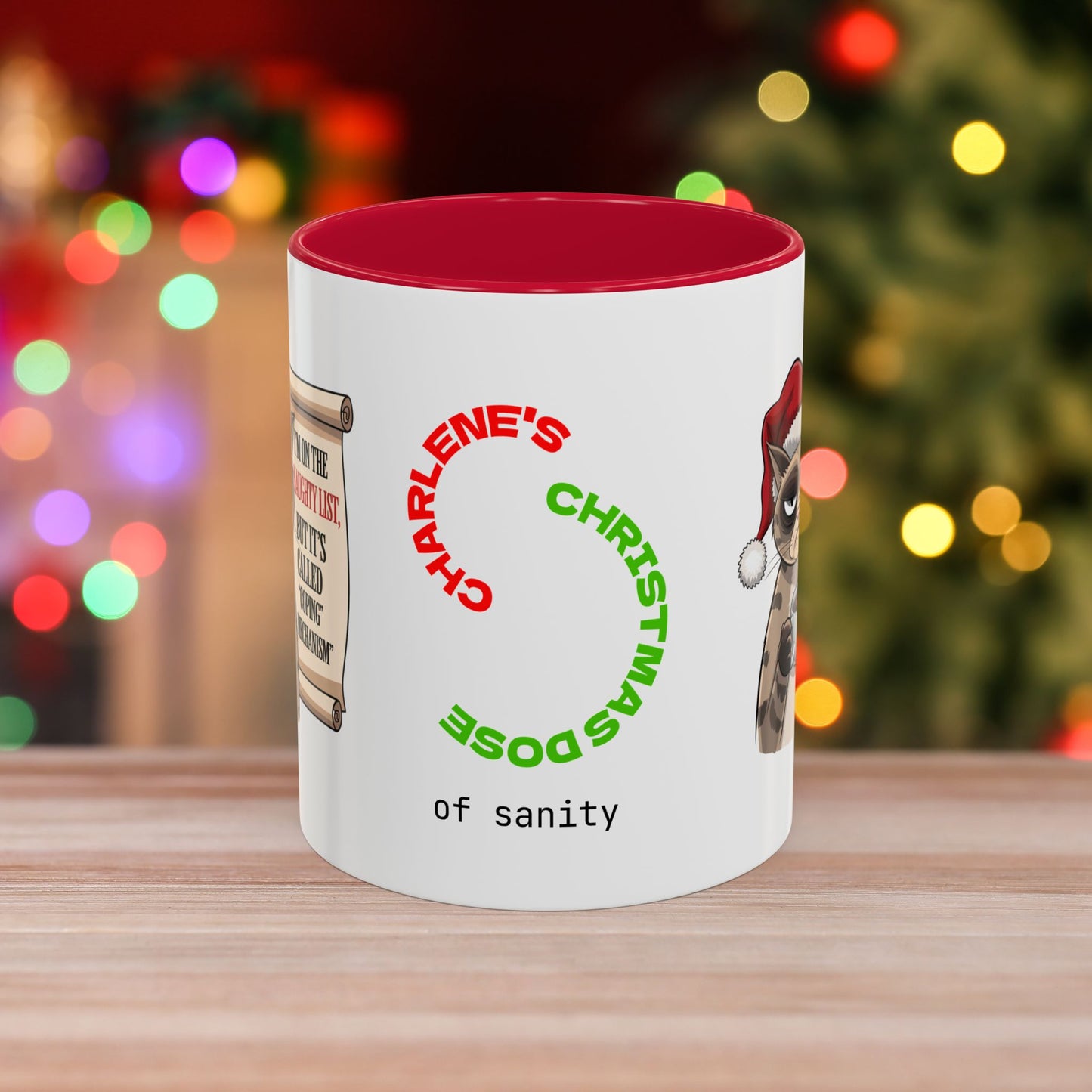 I'm On The Naughty List, But It's Called 'Coping Mechanism' - Christmas Mug with Cat Design and Accent Color