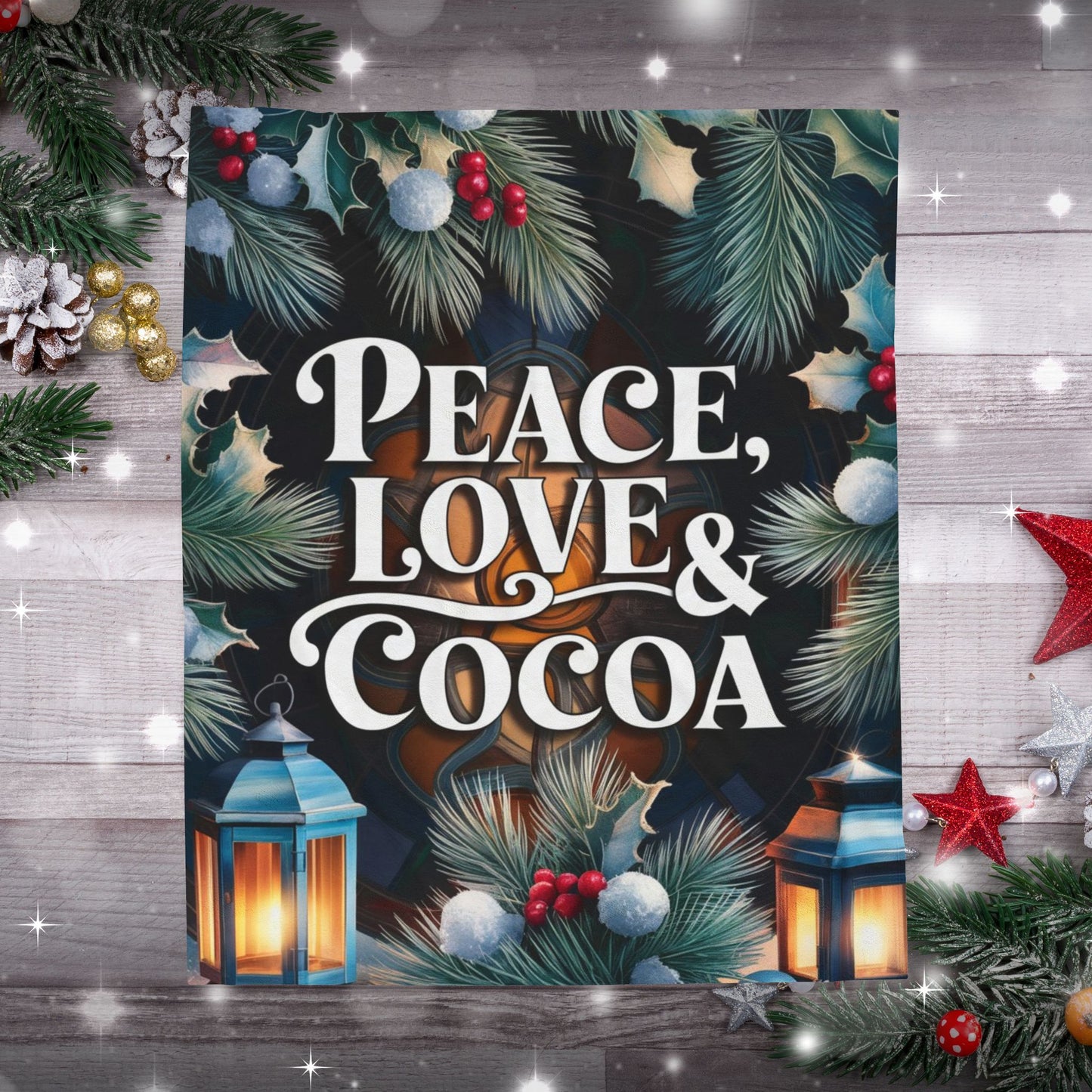 Cozy Christmas blanket “Peace, Love & Cocoa” holiday throw for warmth, relaxation, and joy